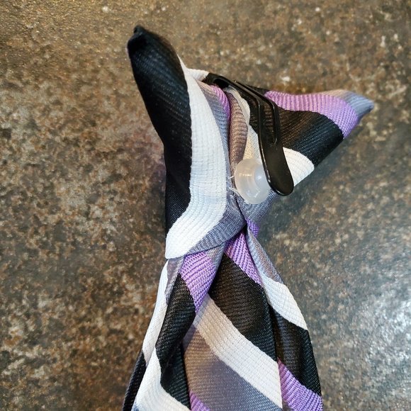 Youth Boy Clip On Tie, Gray, Black, Purple, White Stripe - Picture 7 of 8